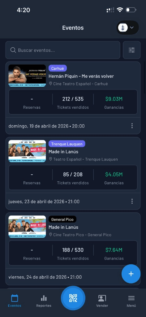 Application mobile Fanz — liste des événements